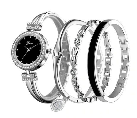 Women's 4 PCS Watch Bracelet Set - Rose Gold Diamond Bracelet + Watch