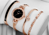 Women's 4 PCS Watch Bracelet Set - Rose Gold Diamond Bracelet + Watch