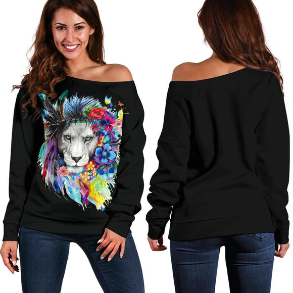 Floral Feather Lion (Black) - Women's Off Shoulder Sweater - Value Basin